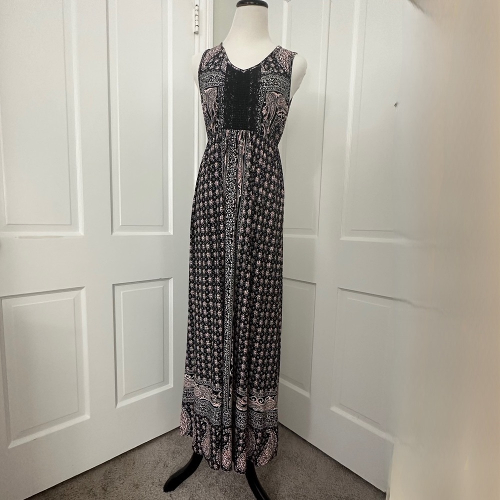 NWT Style & Co Macy's Maxi Dress Crochet V-neck Black Pink XS Tank Sleeveless - Picture 2 of 14